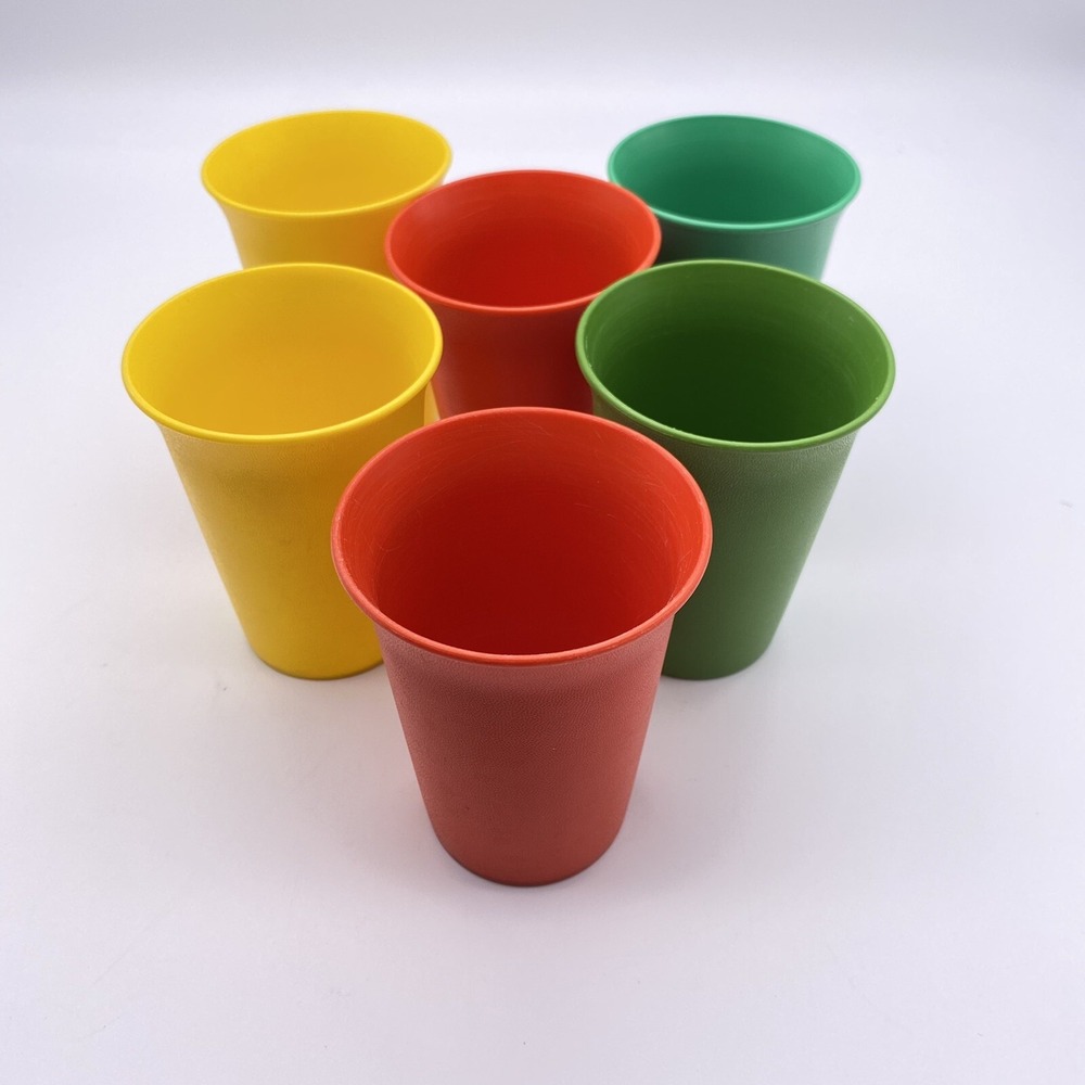 6 Vintage Tupperware Cups Tumblers #109-33,36,38,37. Red Green Yellow No Lids‎